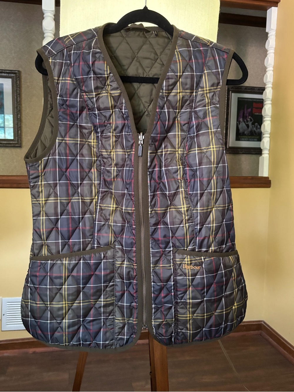 Barbour Quilted Plaid Vest in Brown and Olive
